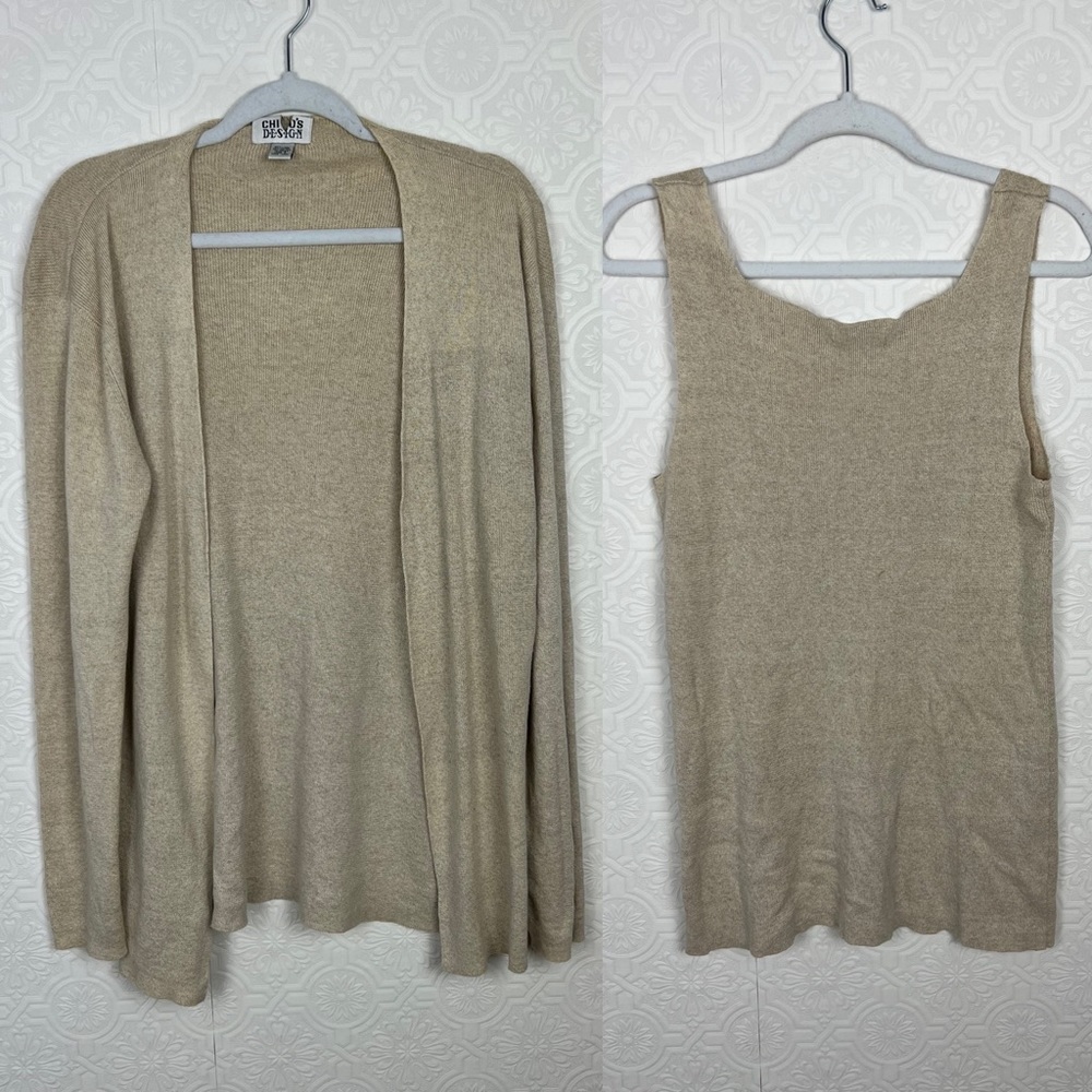 Chicos Matching Set Cardigan Tank Tan Neutral Cream Knit Sweater Linen coastal